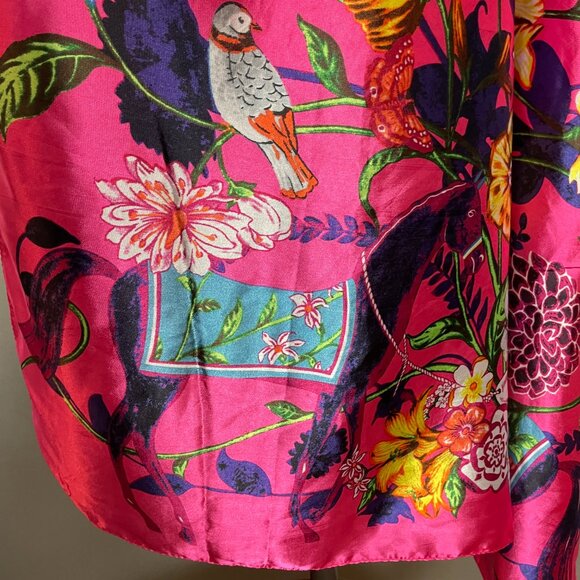 Bright Pink Floral Scarf Horses Birds Maximalist Polyester Square Vibrant Colors - Picture 3 of 13
